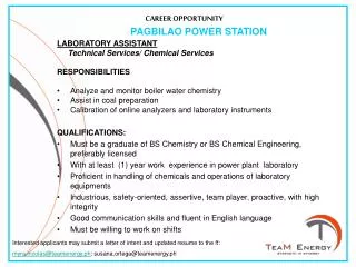 LABORATORY ASSISTANT Technical Services/ Chemical Services RESPONSIBILITIES