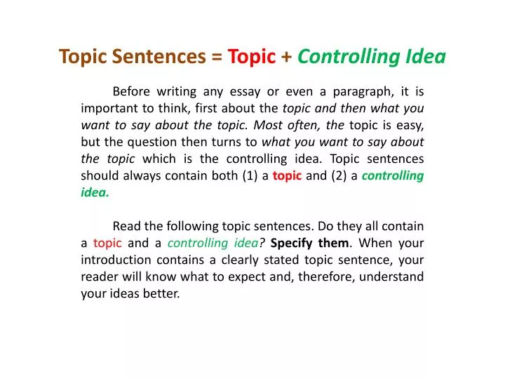 difference between topic sentence and controlling idea