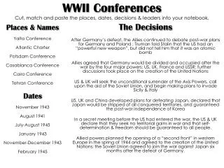 WWII Conferences Cut, match and paste the places, dates, decisions &amp; leaders into your notebook.