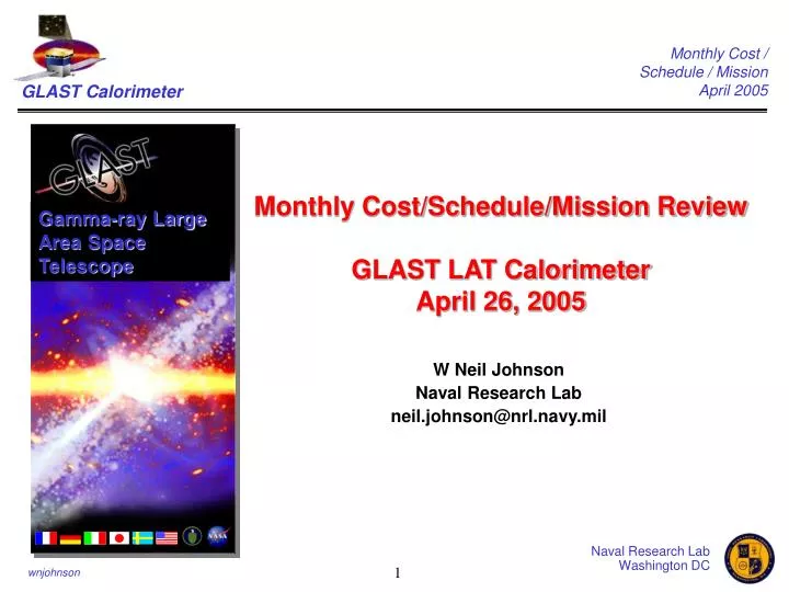 monthly cost schedule mission review glast lat calorimeter april 26 2005