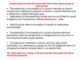 Certain physical properties associated with certain space groups or point groups