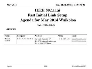 ieee 802 11ai fast initial link setup agenda for may 2014 waikoloa
