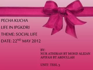 PECHA KUCHA LIFE IN IPGKDRI THEME: SOCIAL LIFE DATE: 22 ND MAY 2012