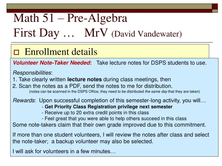 math 51 pre algebra first day mrv david vandewater