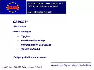 GADGET* - Motivation - Work packages Wigglers Intra Beam Scattering Instrumentation Test Beam