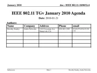 IEEE 802.11 TGv January 2010 Agenda