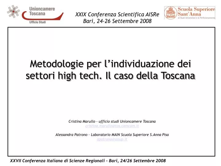 metodologie per l individuazione dei settori high tech il caso della toscana