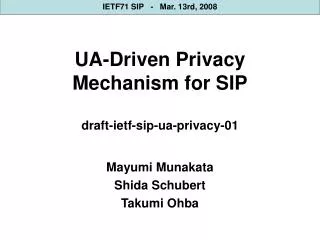 UA-Driven Privacy Mechanism for SIP draft-ietf-sip-ua-privacy-01