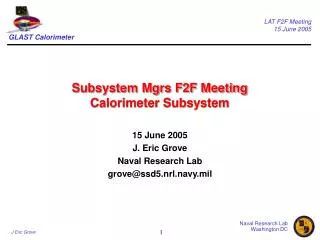 Subsystem Mgrs F2F Meeting Calorimeter Subsystem