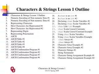 Characters &amp; Strings Lesson 1 Outline