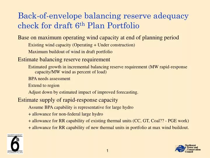 back of envelope balancing reserve adequacy check for draft 6 th plan portfolio