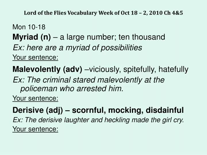 lord of the flies vocabulary week of oct 18 2 2010 ch 4 5