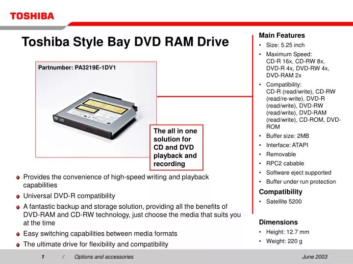 toshiba style bay dvd ram drive