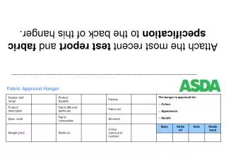 Attach the most recent test report and fabric specification to the back of this hanger.