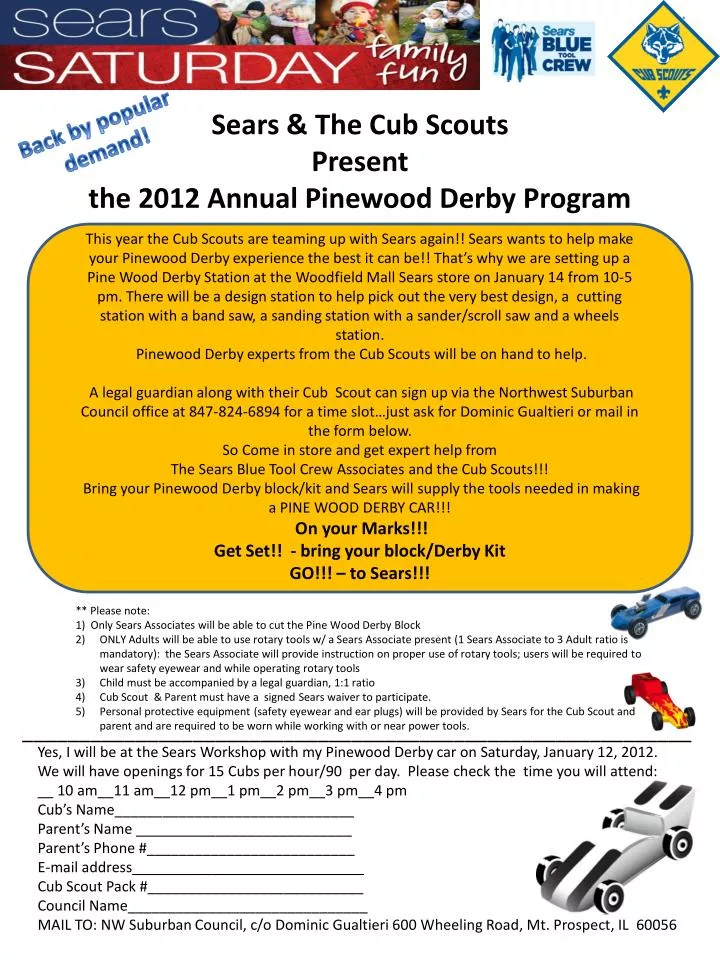 sears the cub scouts present the 2012 annual pinewood derby program