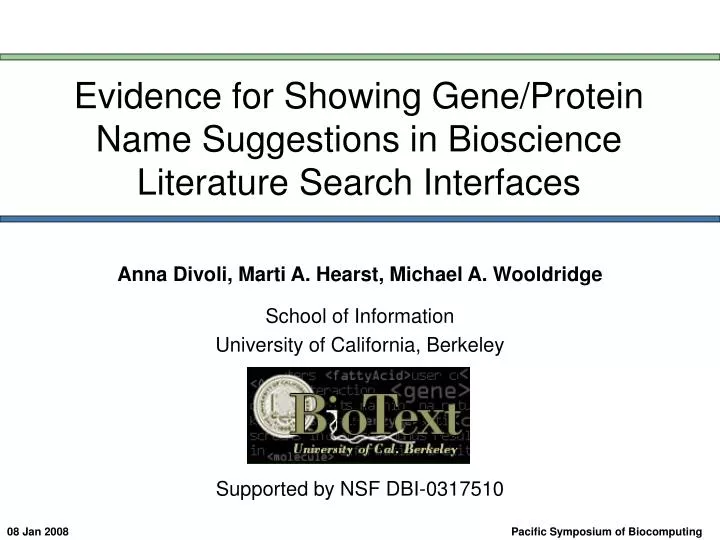 evidence for showing gene protein name suggestions in bioscience literature search interfaces