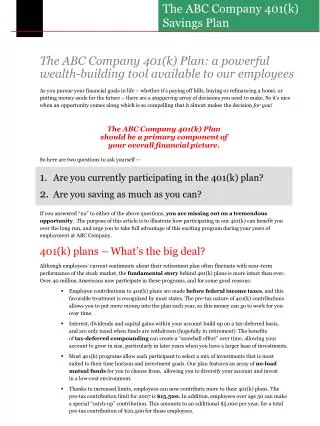 The ABC Company 401(k) Plan: a powerful wealth-building tool available to our employees