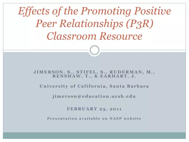 effects of the promoting positive peer relationships p3r classroom resource