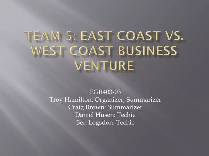 team 5 east coast vs west coast business venture
