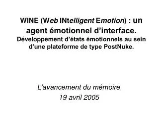 l avancement du m moire 19 avril 2005