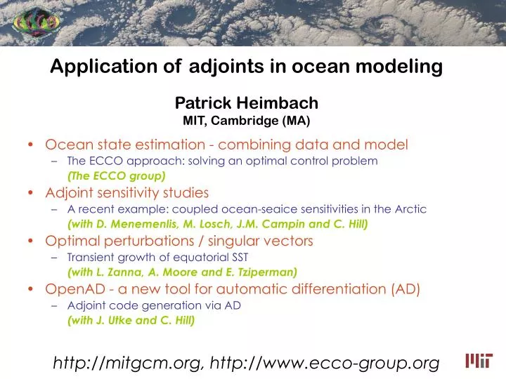 application of adjoints in ocean modeling patrick heimbach mit cambridge ma