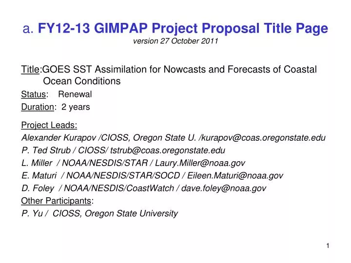 a fy12 13 gimpap project proposal title page version 27 october 2011