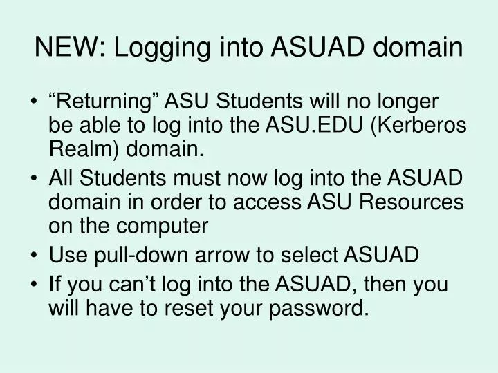 new logging into asuad domain