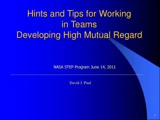 Hints and Tips for Working in Teams Developing High Mutual Regard