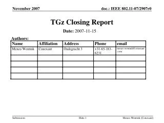 TGz Closing Report