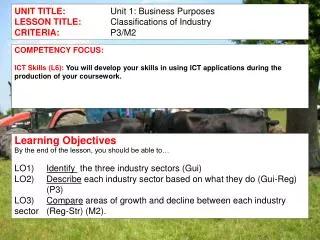 UNIT TITLE: Unit 1: Business Purposes LESSON TITLE: 	Classifications of Industry