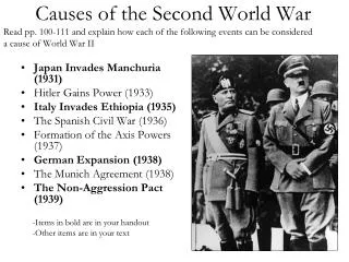 Japan Invades Manchuria (1931) Hitler Gains Power (1933) Italy Invades Ethiopia (1935)