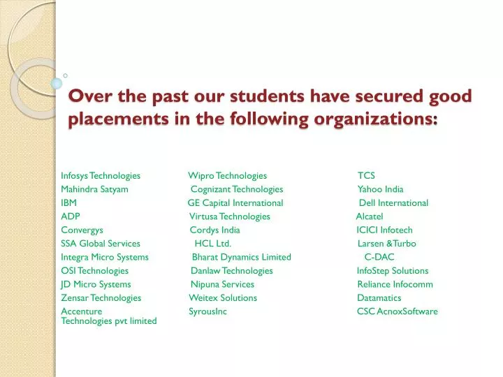 over the past our students have secured good placements in the following organizations