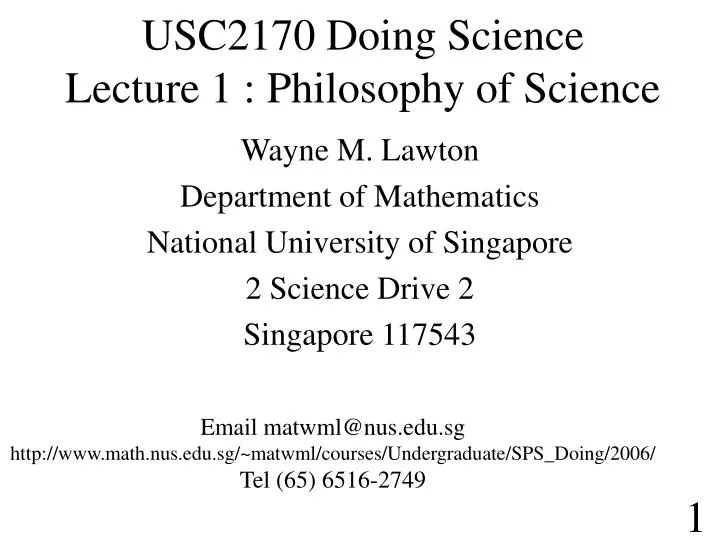 usc2170 doing science lecture 1 philosophy of science