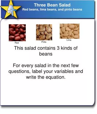 Three Bean Salad R ed beans, lima beans, and pinto beans