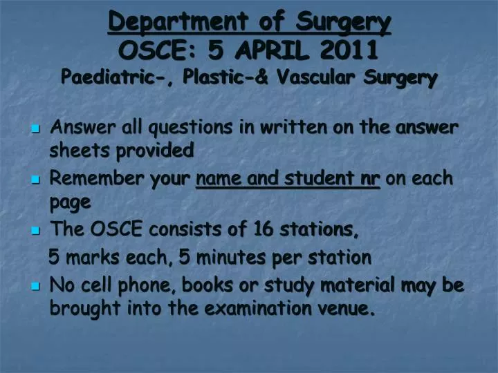 department of surgery osce 5 april 2011 paediatric plastic vascular surgery