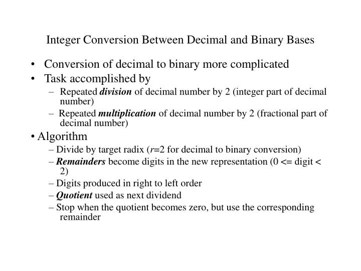 integer conversion between decimal and binary bases