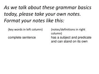 (key words in left column) complete sentence (notes/definitions in right column)