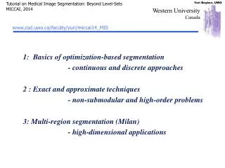 1: Basics of optimization-based segmentation 		- continuous and discrete approaches