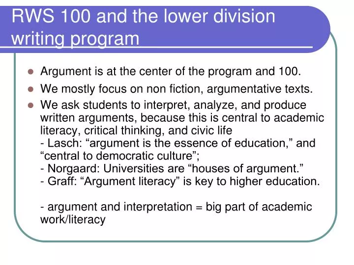 rws 100 and the lower division writing program