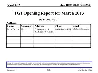 TG1 Opening Report for March 2013
