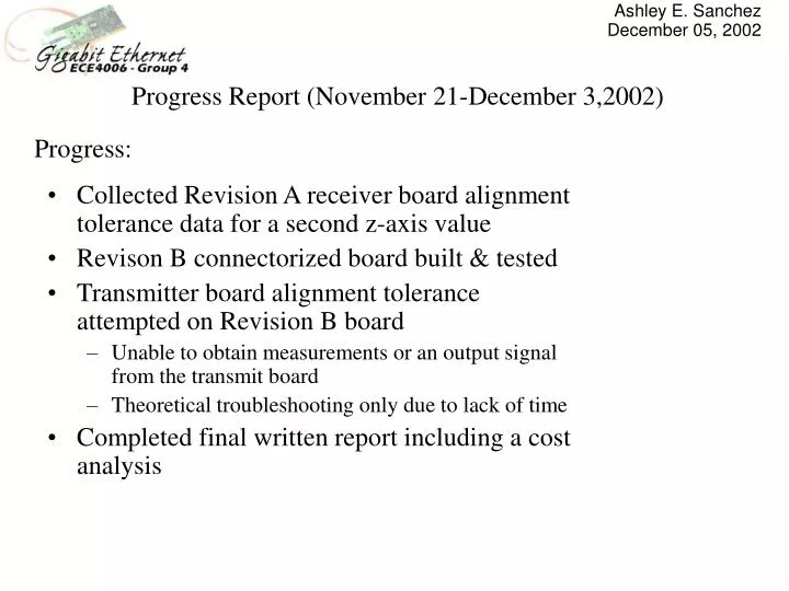 progress report november 21 december 3 2002