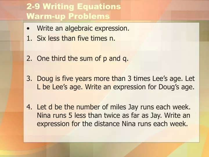 2 9 writing equations warm up problems