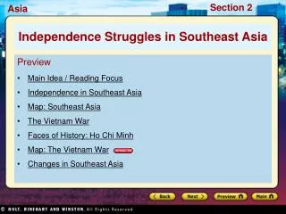 Preview Main Idea / Reading Focus Independence in Southeast Asia Map: Southeast Asia