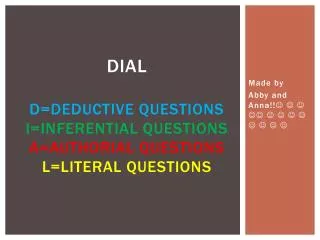 dial d=deductive questions i =inferential questions a=authorial questions l=literal questions