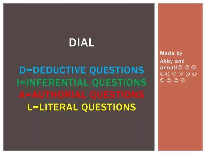 dial d deductive questions i inferential questions a authorial questions l literal questions