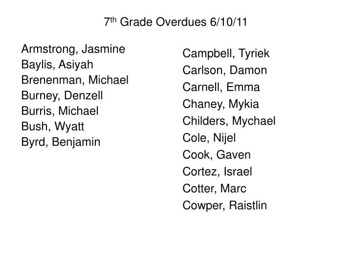 7 th grade overdues 6 10 11