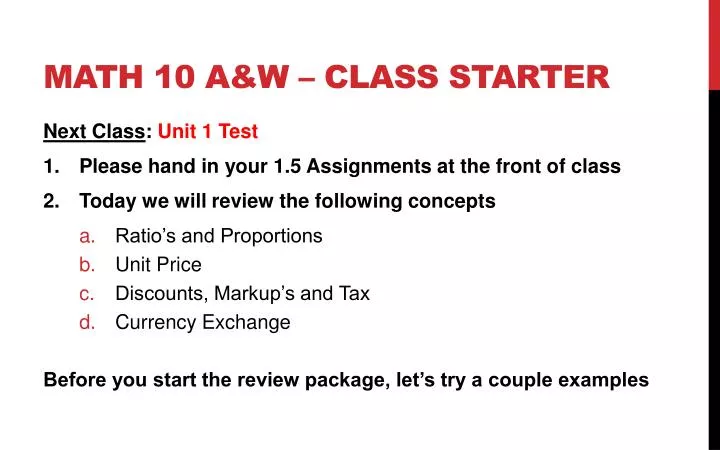 math 10 a w class starter