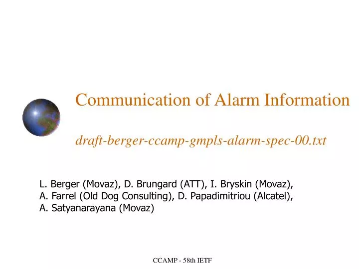 communication of alarm information draft berger ccamp gmpls alarm spec 00 txt