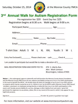 3 nd Annual Walk for Autism Registration Form