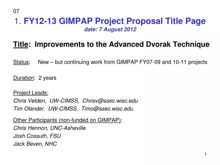 1 fy12 13 gimpap project proposal title page date 7 august 2012